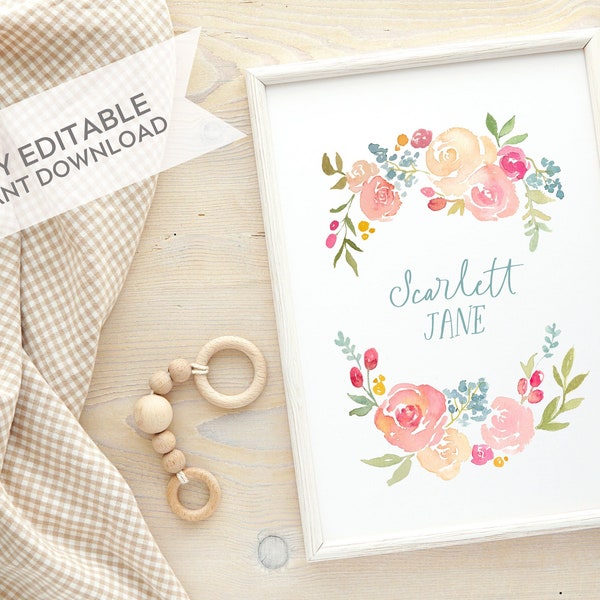Editable Custom Name Wreath or Quote Template, Instant Download, DIY, Watercolor Floral Wreath Quote, Perfect for Baby Nursery