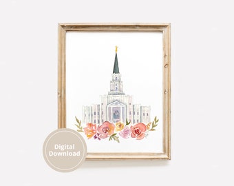 May include: A watercolour painting of a white church with a tall spire and a floral wreath at the base. The church is surrounded by a light blue sky and the flowers are in shades of pink, orange, and yellow.