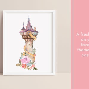 May include: Watercolor print of a fairytale castle tower in a white frame. The tower is painted in shades of purple, brown, and beige, with a long golden braid cascading down. Colorful flowers and foliage adorn the base. Text on the right says "A fresh take on your favorite theme park castle!"