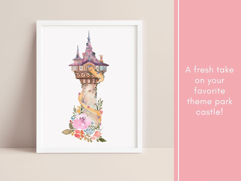 May include: Watercolor print of a fairytale castle tower in a white frame. The tower is painted in shades of purple, brown, and beige, with a long golden braid cascading down. Colorful flowers and foliage adorn the base. Text on the right says "A fresh take on your favorite theme park castle!"