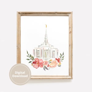 May include: A watercolor painting of a white temple with a gold spire, surrounded by pink and red flowers. The painting is framed in a light wood frame.