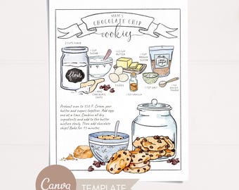 Recipes Custom Illustrated, Recipe Canva Template, Ebook Recipes, Chocolate Chip Cookie Editable Download, Custom Painted Recipe