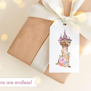May include: A wrapped gift with a white ribbon and a tag featuring a watercolor illustration of a tower with a pink roof, flowers, and a long braid. The text "Options are endless!" is at the bottom.