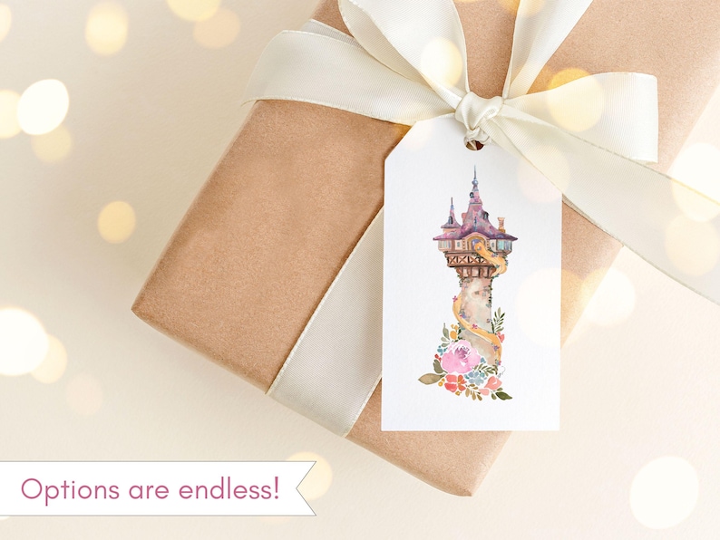 May include: A wrapped gift with a white ribbon and a tag featuring a watercolor illustration of a tower with a pink roof, flowers, and a long braid. The text "Options are endless!" is at the bottom.