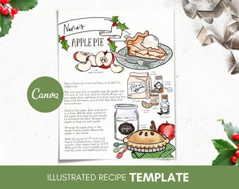 Recipes Custom Illustrated, Recipe Canva Template, Ebook Recipes, Christmas Holiday Pie Recipes Editable Download, Custom Painted Recipe