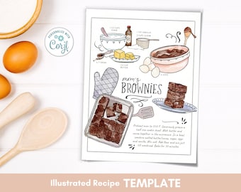 Recipes Custom Illustrated, Recipe Template, Ebook Recipes, Brownie Editable Download, Custom Painted Recipe, Recipes Card