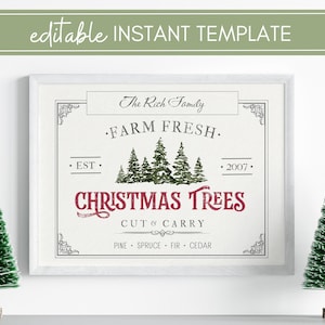 May include: A white framed sign with the text "The Rich Family Farm Fresh. Est. 2007. Christmas Trees Cut & Carry Pine Spruce Fir Cedar" in a vintage style font. The sign is on a white wall with two small green artificial Christmas trees on either side.