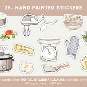 May include: A set of 25 hand-painted digital stickers featuring kitchen tools and ingredients. The stickers include a stand mixer, a whisk, a measuring scale, a spatula, a butter stick, a pot, a slow cooker, a timer, a kitchen mitt, a bowl, eggs, and vegetables. The stickers are perfect for adding a touch of whimsy to planners, journals, and other creative projects.