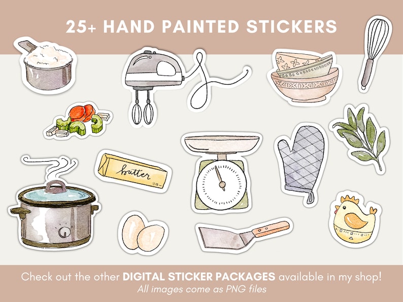 May include: A set of 25 hand-painted digital stickers featuring kitchen tools and ingredients. The stickers include a stand mixer, a whisk, a measuring scale, a spatula, a butter stick, a pot, a slow cooker, a timer, a kitchen mitt, a bowl, eggs, and vegetables. The stickers are perfect for adding a touch of whimsy to planners, journals, and other creative projects.
