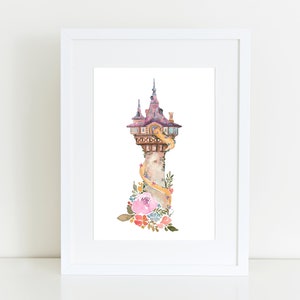 Repunzel's Tower Watercolor Print, Princess Artwork, Disney Castle