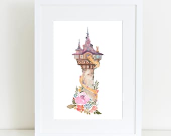 Repunzel's Tower Watercolor Print, Princess Artwork, Disney Castle