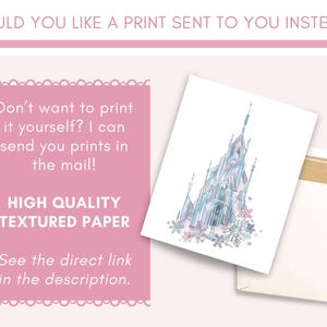 May include: A print of a castle with blue and purple hues, resting in a white envelope. The image is accompanied by text that reads, "Would you like a print sent to you instead?" and "High Quality Textured Paper."