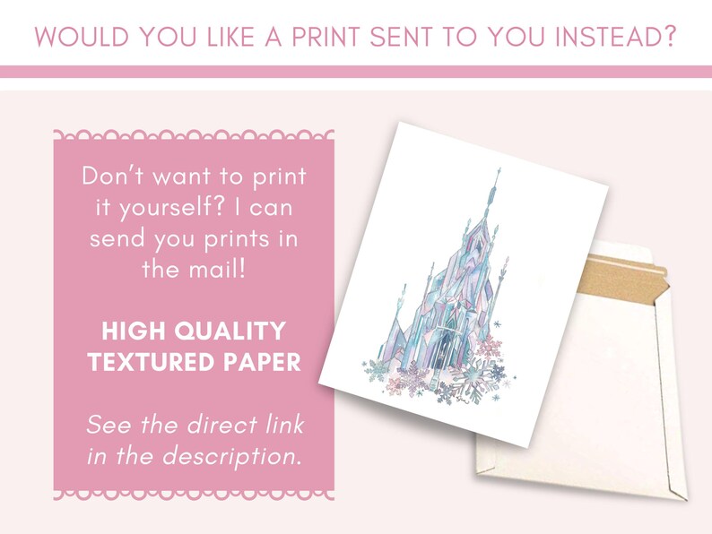 May include: A print of a castle with blue and purple hues, resting in a white envelope. The image is accompanied by text that reads, "Would you like a print sent to you instead?" and "High Quality Textured Paper."