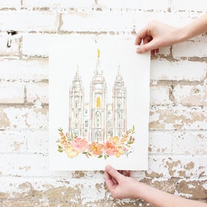 Blush Flowers SLC Temple Watercolor Print, Salt Lake City Utah image 1