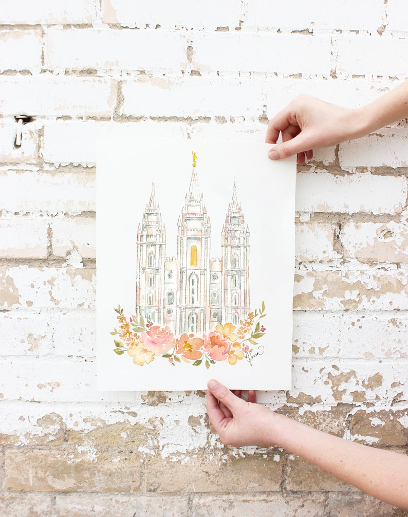 Blush Flowers SLC Temple Watercolor Print, Salt Lake City Utah image 1