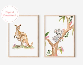 Kangaroo and Koala, Baby Animal Nursery Art, 2 for 1 Deal, Watercolor Print, Playroom Decor, Animal Print