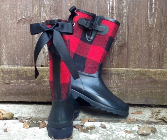 red and black plaid rain boots