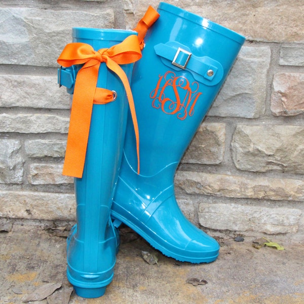 Teal Gloss Boot with Orange Bow and Monogram