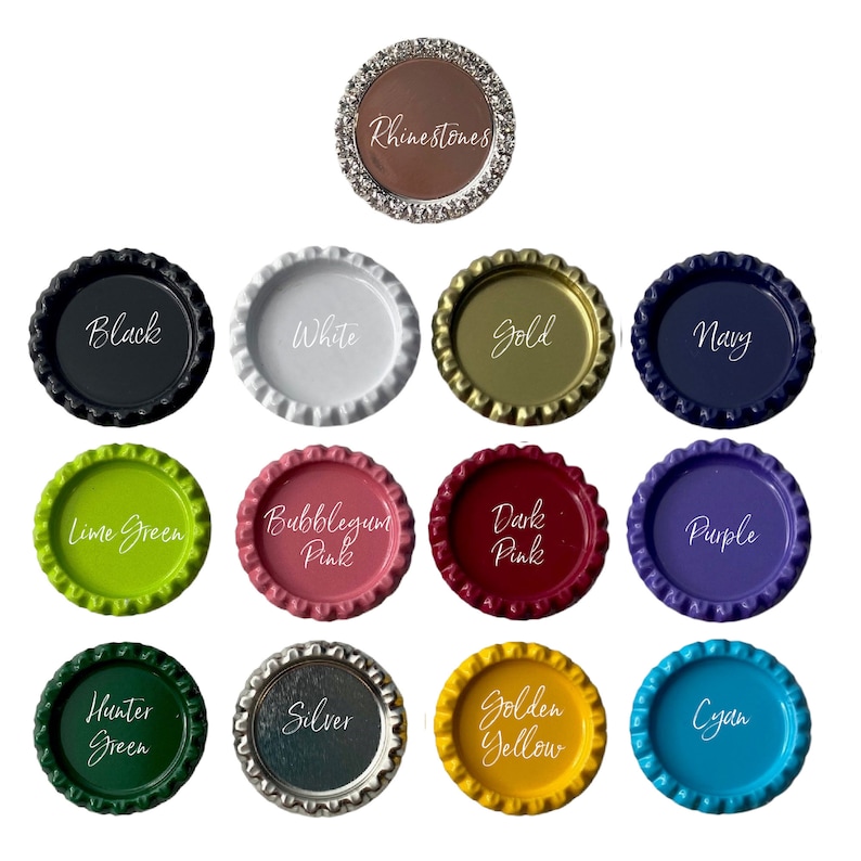 May include: Assortment of 15 bottle caps in various colors, including black, white, gold, navy, lime green, bubblegum pink, dark pink, purple, hunter green, silver, golden yellow, and cyan. Each bottle cap has a different color and a white text label with the color name.