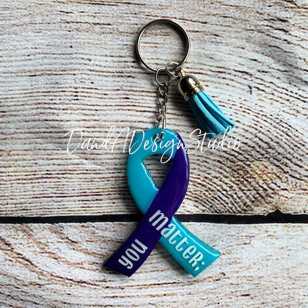 Blue Teal and Purple Ribbon Keychain | Suicide Awareness | Gift for Him | Gift for Her | You Matter | Awareness Ribbon | Semicolon