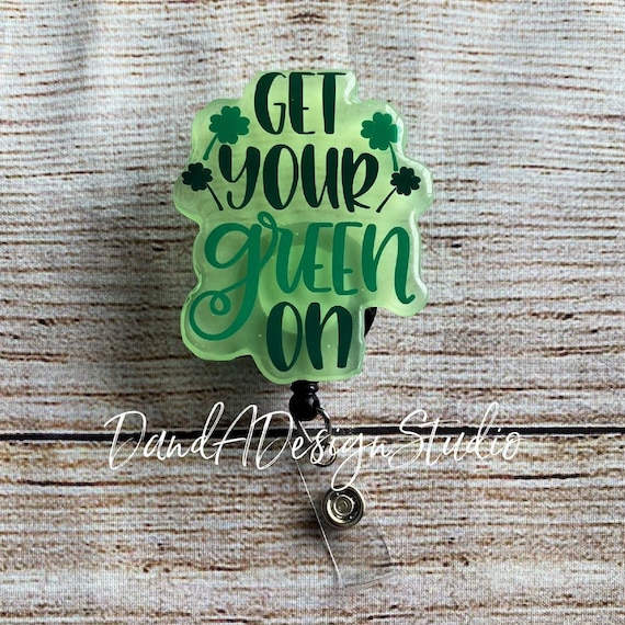 St Patrick's Day Badge Reel: Green Resin Acrylic, Glitter Accent