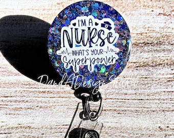 Carrete de insignias con brillantina de superpoderes de enfermera: regalo de enfermería