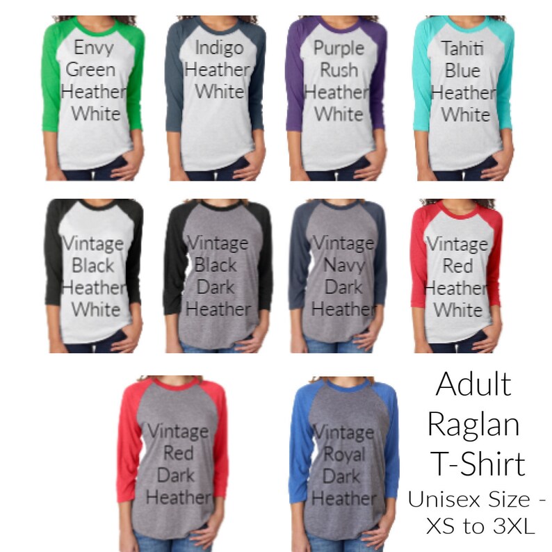 Puede incluir: Camiseta de manga raglan para adulto, disponible en una variedad de colores. La camiseta est&aacute; disponible en tallas XS a 3XL. Los colores incluyen Envy Green Heather, Indigo Heather, Purple Rush Heather, Tahiti Blue Heather, Vintage Black Heather, Vintage Black Dark Heather, Vintage Navy Dark Heather, Vintage Red Heather, Vintage Red Dark Heather y Vintage Royal Dark Heather.