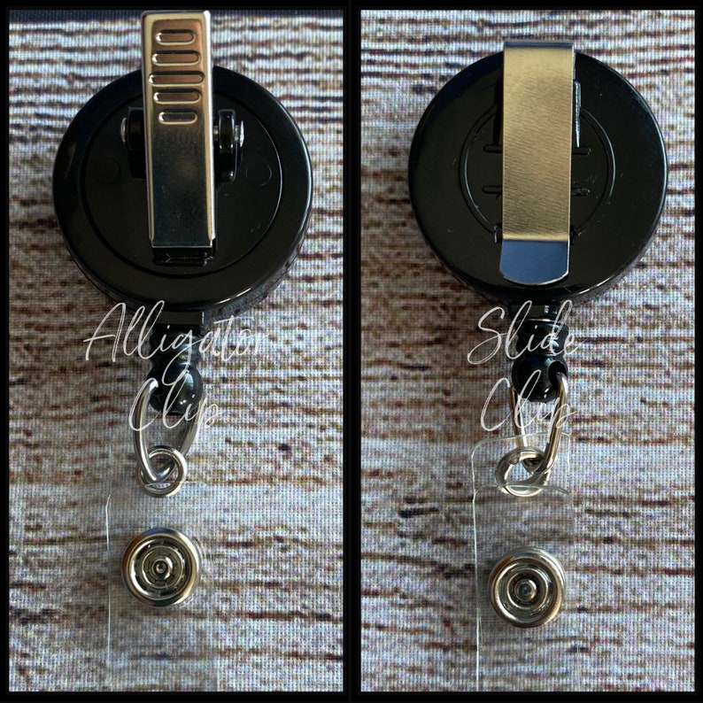 May include: Black retractable badge reel with a clear plastic badge holder. The reel has a silver alligator clip on one side and a silver slide clip on the other side.