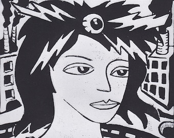 She Electric -- linoleum print by Stephen Tunney
