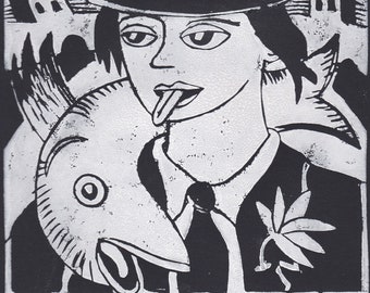 Eyeball Tophat -- linoleum print by Stephen Tunney