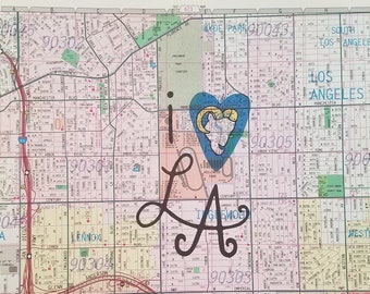 LA Rams Limited Edition: Upcycled Thomas Bros Guide Los Angeles Maps with "i heart LA Rams" - Unframed