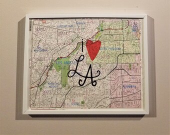 Framed Upcycled Thomas Brothers Guide LA Maps with "i heart LA"