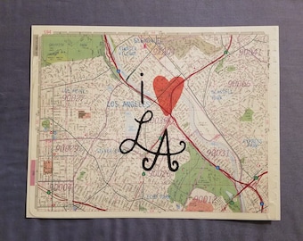 Upcycled Thomas Brothers Guide LA Maps with "i heart LA" - Unframed