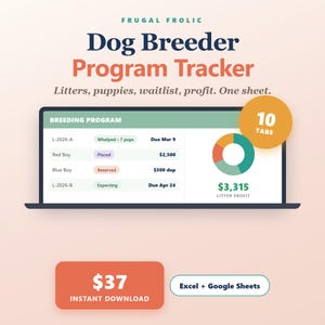 Dog Breeder Program Tracker | Litter, Puppy, Waitlist, Profit (Excel/Sheets)