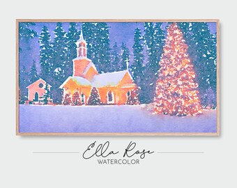 Samsung Frame TV Art | Church at Christmas Landscape | Winter Trees Church Painting | Digital Watercolor Art | Frame TV Painting Winter