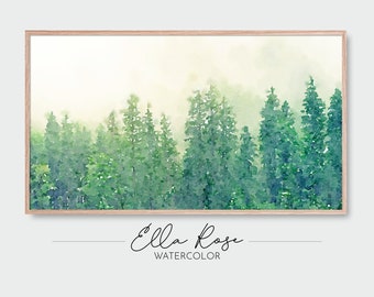 Samsung Frame TV Art | Pine Trees Landscape | Frame TV Art Fall Winter | Digital Watercolor Art | Frame TV Painting | Green Trees Painting