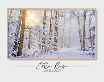 Samsung Frame TV Art | Winter Stroll Through the Woods Landscape | Snowy Trees Painting | Digital Watercolor Art | Frame TV Painting Winter