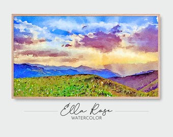 Samsung Frame TV Art | Sunset Over the Mountains Landscape | Mountain Sunset Painting | Digital Watercolor Art | Frame TV Painting