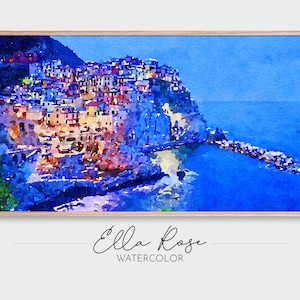 Samsung Frame TV Art | Cinque Terre at Night Landscape | Frame TV Art Coastal | Digital Watercolor Art | Frame TV Painting | Coastal Art