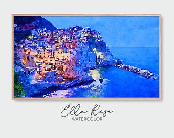 Samsung Frame TV Art | Cinque Terre at Night Landscape | Frame TV Art Coastal | Digital Watercolor Art | Frame TV Painting | Coastal Art