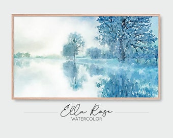 Samsung Frame TV Art | Winter at the Lake Landscape | Snowy Trees Painting | Digital Watercolor Art | Frame TV Painting Winter | Winter Art
