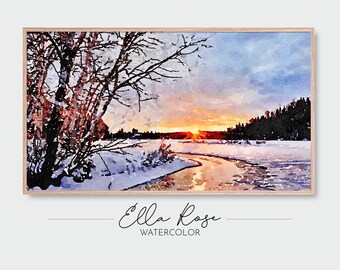 Samsung Frame TV Art | Sunset over the Icy Fields Landscape | Sunset View Painting | Digital Watercolor Art | Frame TV Painting Winter