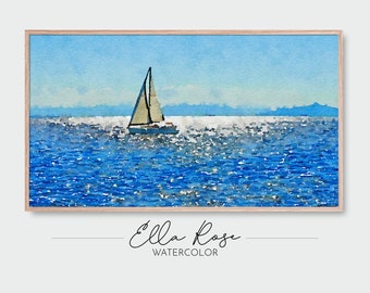 Samsung Frame TV Art | Sailboat at Sea Landscape | Frame TV Art Coastal | Digital Watercolor Art | Frame TV Painting | Nautical Coastal Art