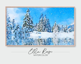 Samsung Frame TV Art | Snowfall in Forest by the Lake Landscape | Digital Watercolor Art | Frame TV Painting Winter | Snowy Winter TV Art