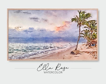 Samsung Frame TV Art | Sunset Palms Landscape | Tropical Beach Sunset Painting | Digital Watercolor Art | Frame TV Painting | Coastal Art