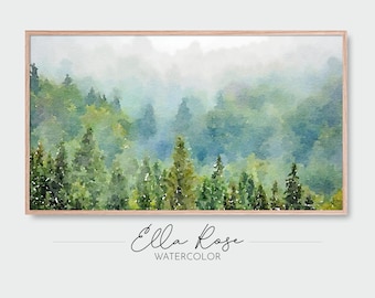 Samsung Frame TV Art | Forest Fog Landscape | Frame TV Art Fall Winter | Digital Watercolor Art | Frame TV Painting | Green Trees Painting