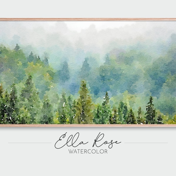 Samsung Frame TV Art | Forest Fog Landscape | Frame TV Art Fall Winter | Digital Watercolor Art | Frame TV Painting | Green Trees Painting