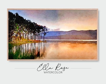 Samsung Frame TV Art | Sunrise on the Lake Landscape | Frame TV Art Fall | Digital Watercolor Art | Sunrise Mountain Lake Trees Watercolor
