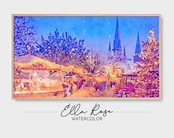 Samsung Frame TV Art | Village Christmas Market Landscape | Winter Trees Church Painting | Digital Watercolor Art | Frame TV Painting Winter