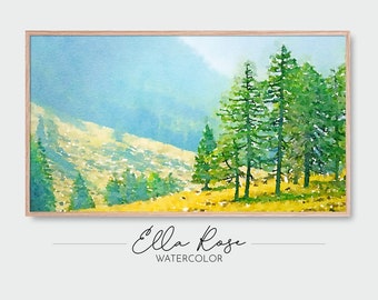 Samsung Frame TV Art | Pine Trees Near the Base of a Mountain Landscape | Frame TV Art Fall | Digital Watercolor Art | Frame TV Painting